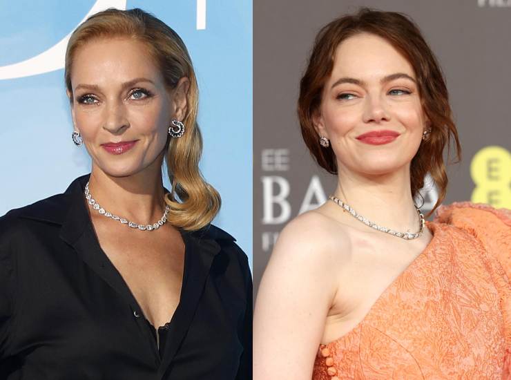 Primo piano di Uma Thurman e Emma Stone ad un evento